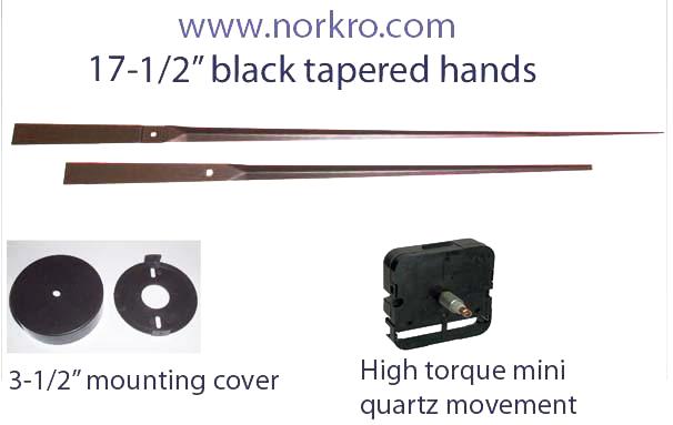 large wall clock kit. Long tapered clock hands, high torque movement and mounting cup set